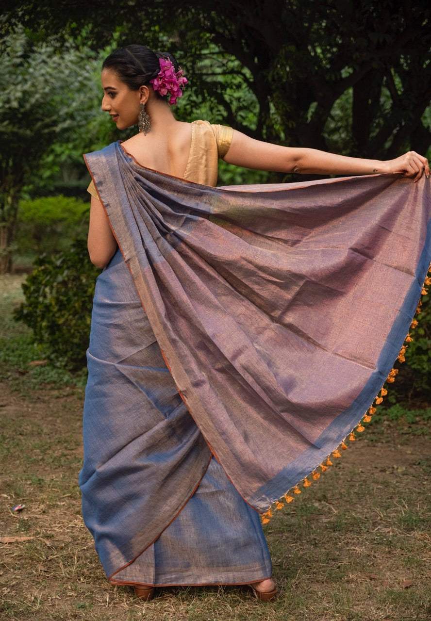 Handloom Tissue Linen Saree Blue and Copper