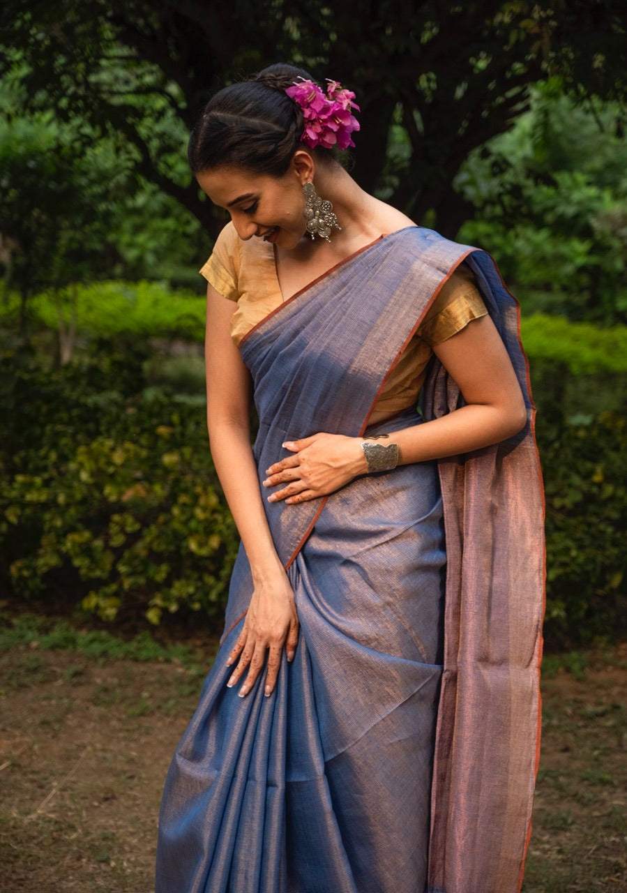Handloom Tissue Linen Saree Blue and Copper