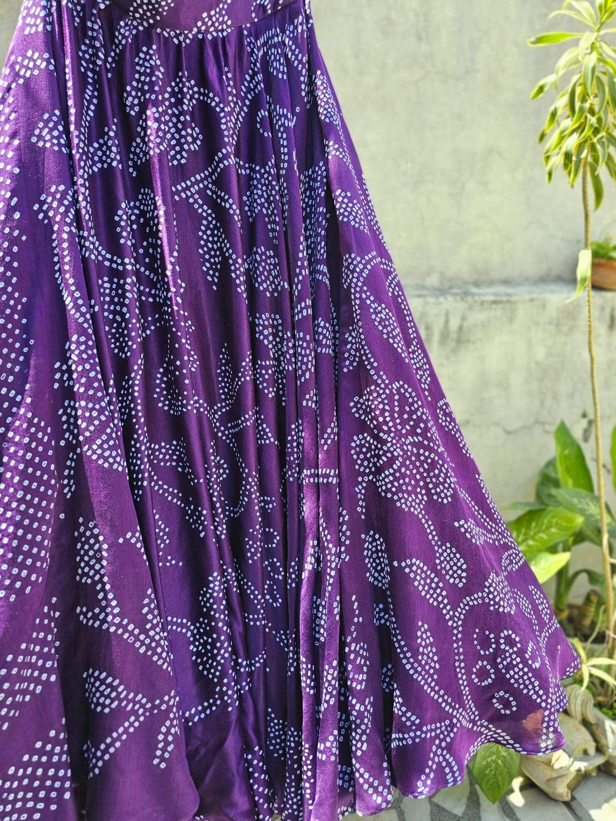 Floral Dark Purple Pure Gajji Silk Bandhani Skirt