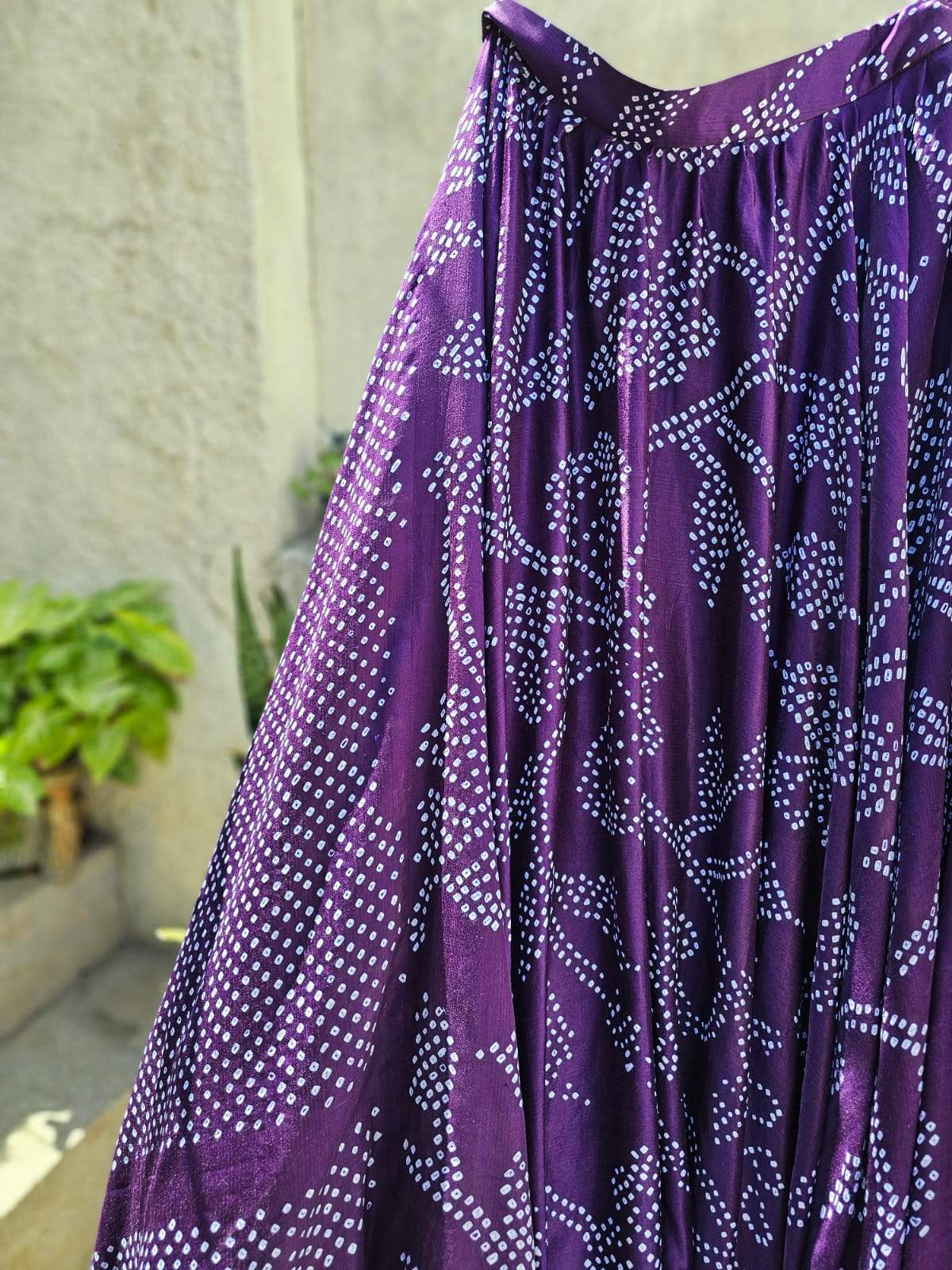 Floral Dark Purple Pure Gajji Silk Bandhani Skirt