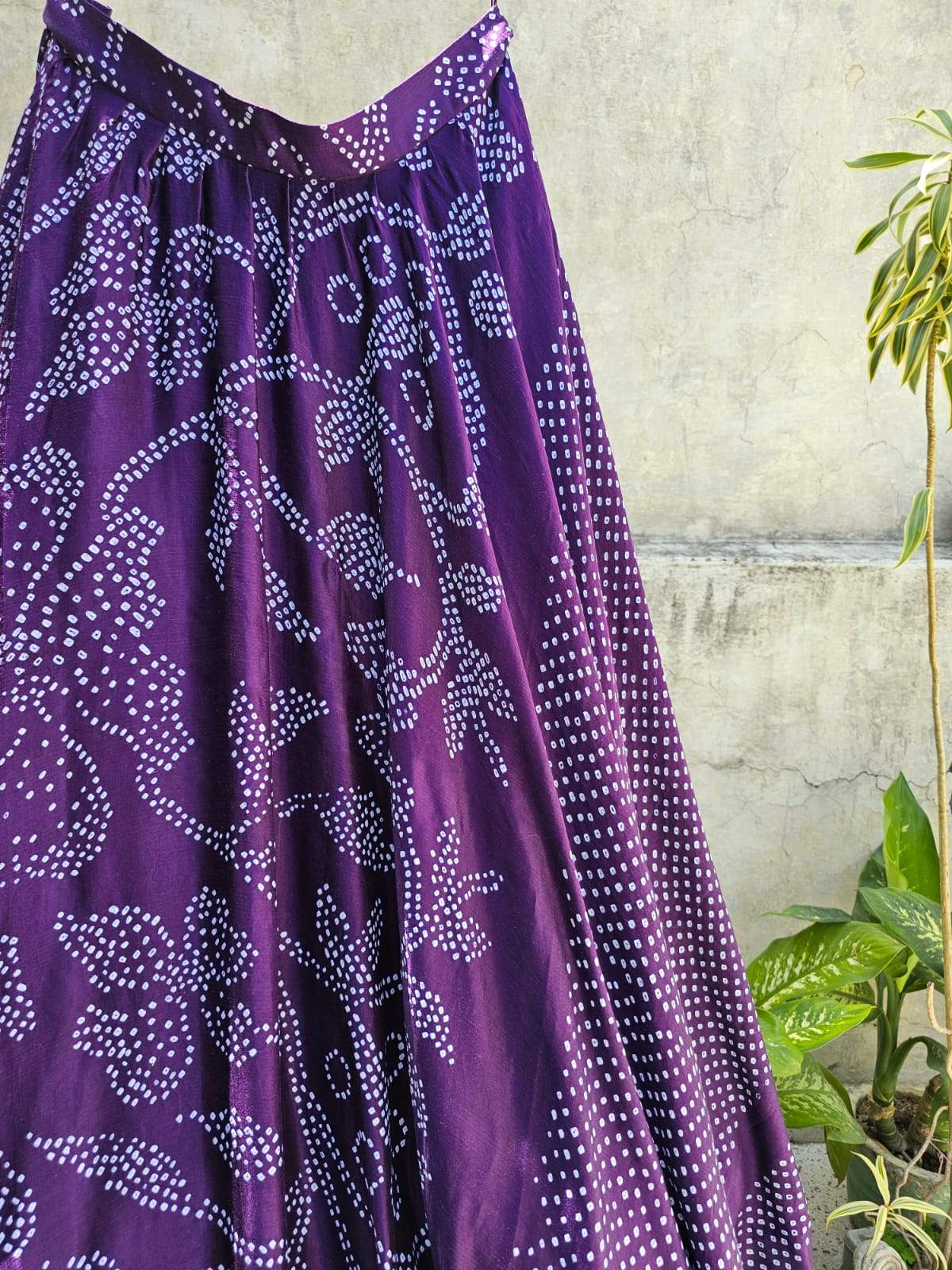 Floral Dark Purple Pure Gajji Silk Bandhani Skirt