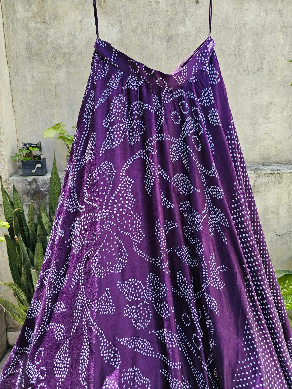 Floral Dark Purple Pure Gajji Silk Bandhani Skirt