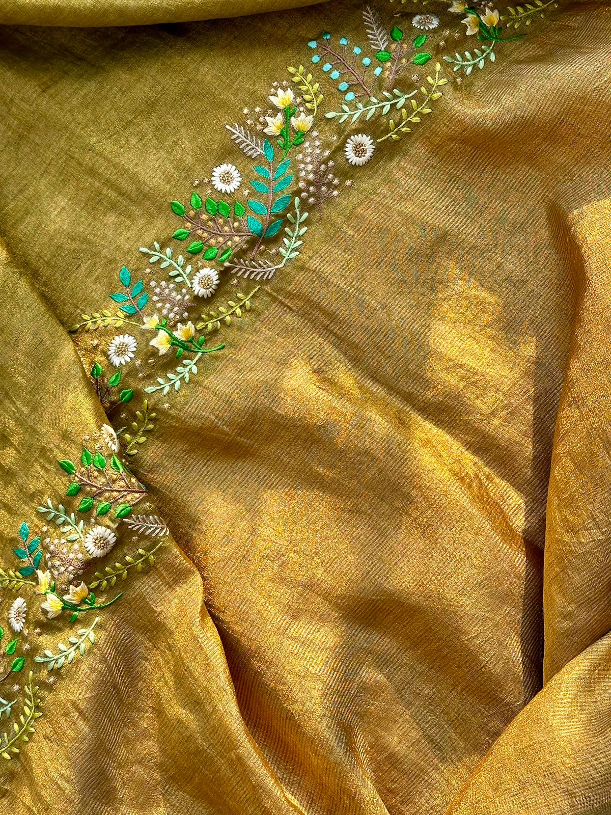 Mehendi Green And Gold Handloom Tissue Linen Saree with Machine Embroidery