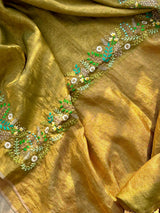 Mehendi Green And Gold Handloom Tissue Linen Saree with Machine Embroidery