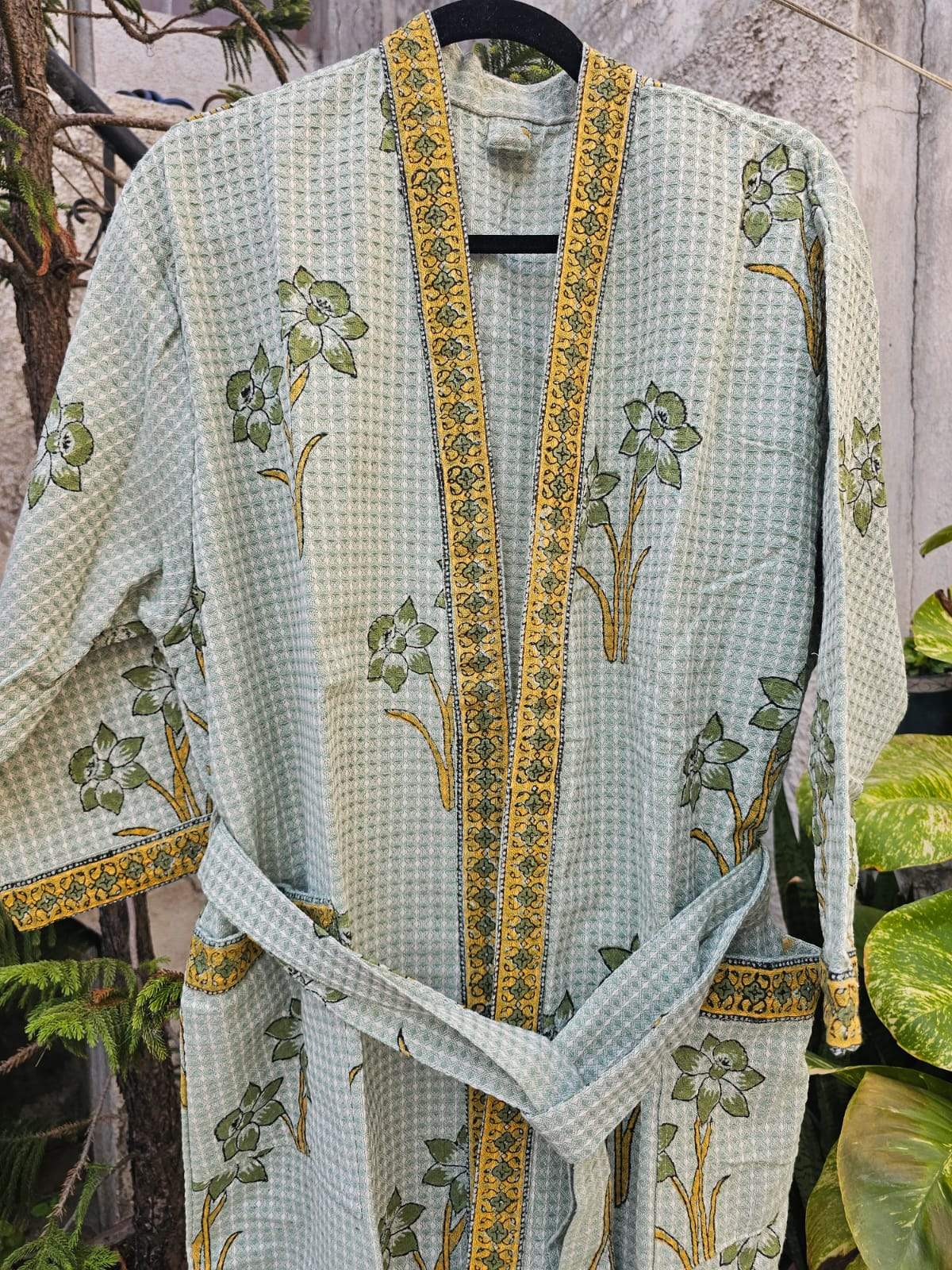 Greenish Base Color Cotton Waffle Handblock Bath Robe
