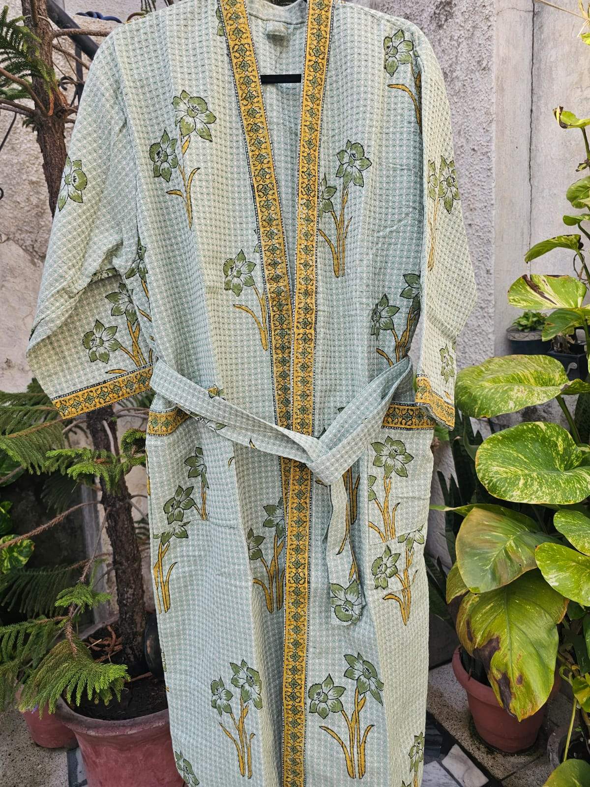 Greenish Base Color Cotton Waffle Handblock Bath Robe