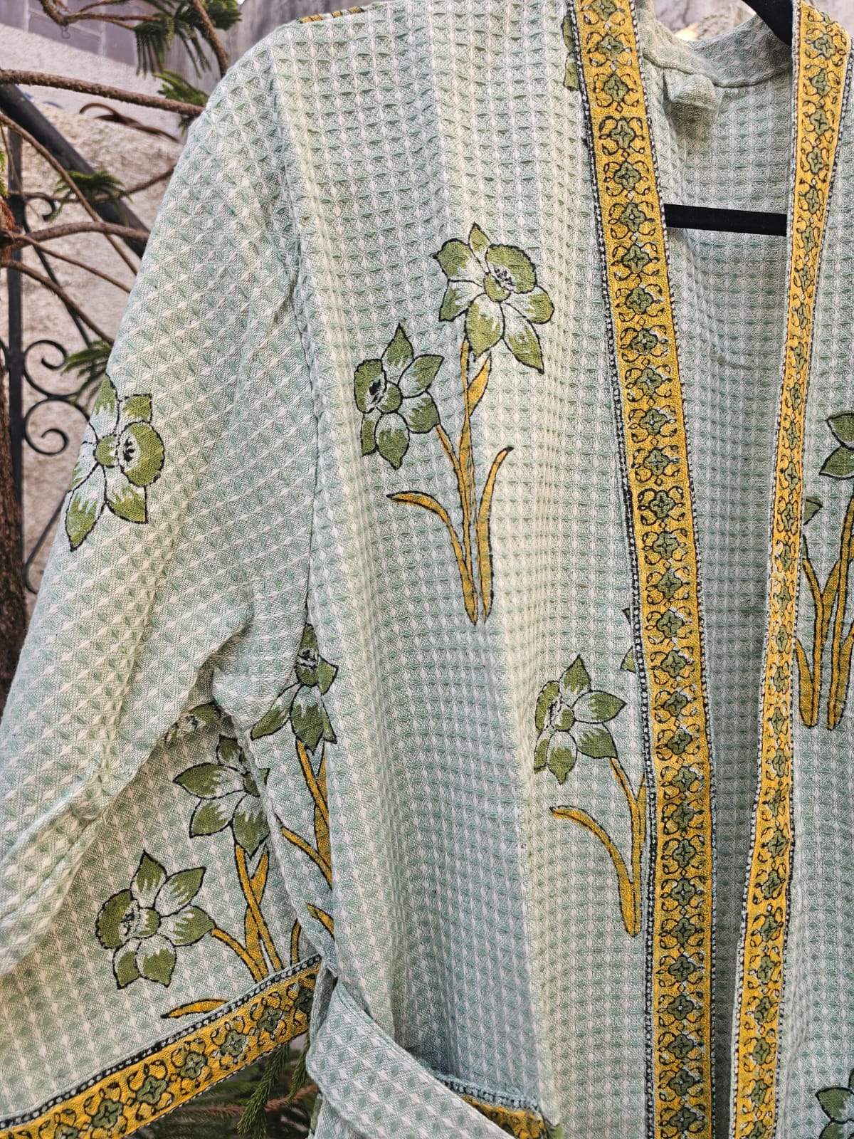 Greenish Base Color Cotton Waffle Handblock Bath Robe