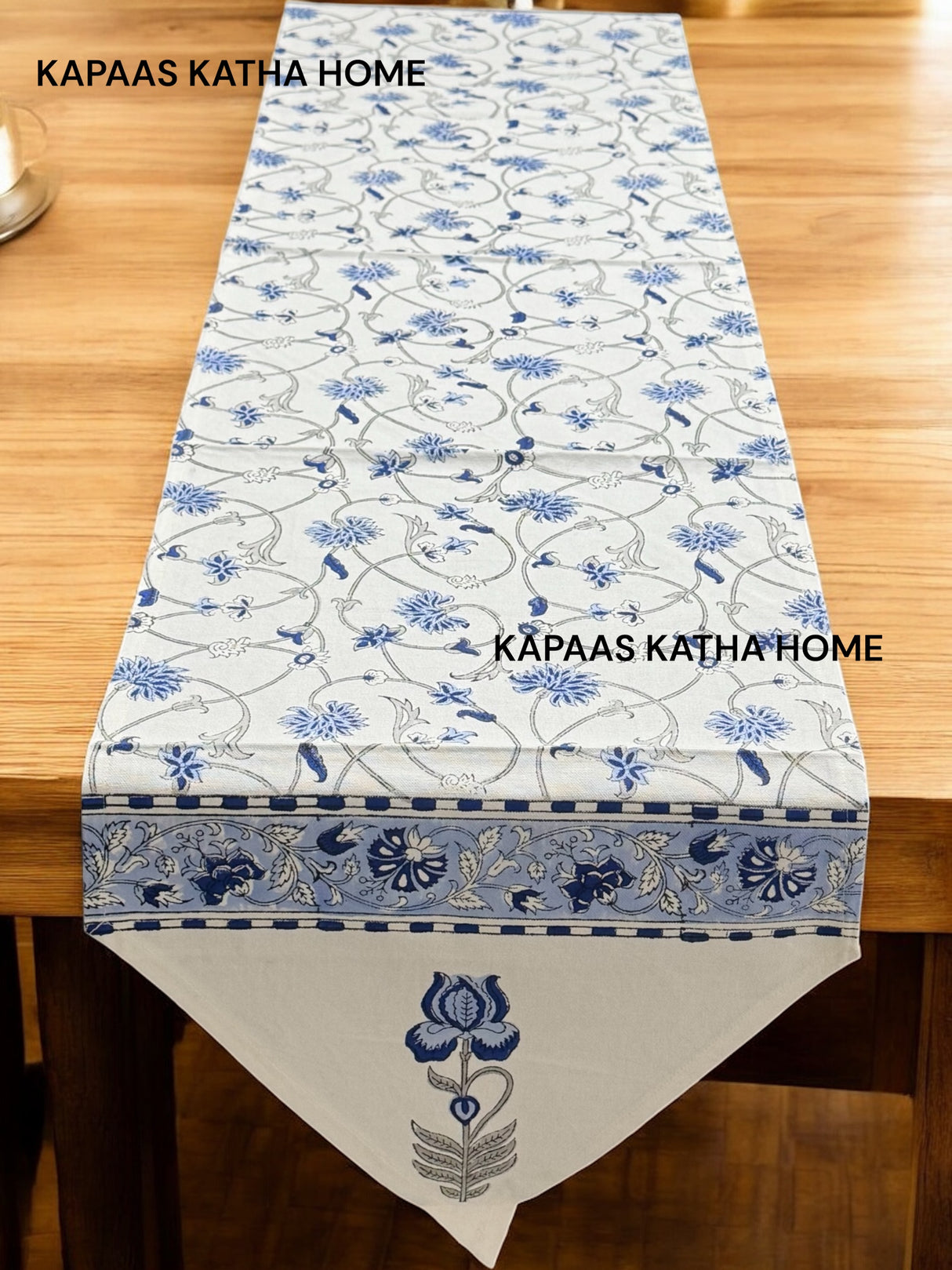 Elegant Blue Blockprint Cotton Table Runner
