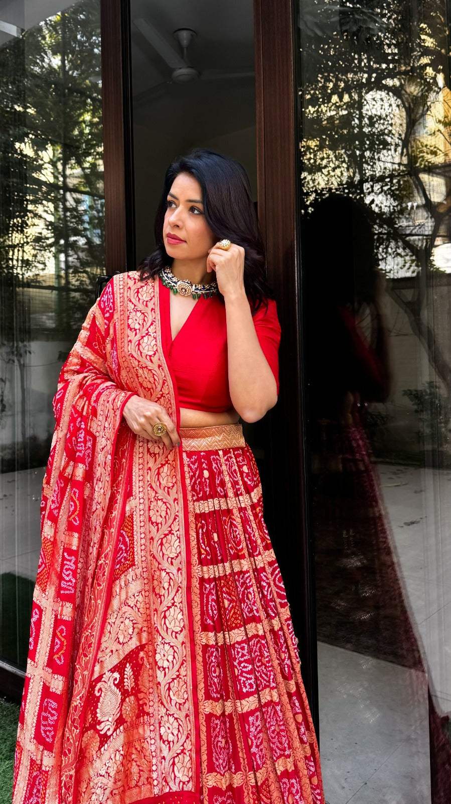 Red Banarsi Georgette Gharchola Bandhani Lehenga with Dupatta
