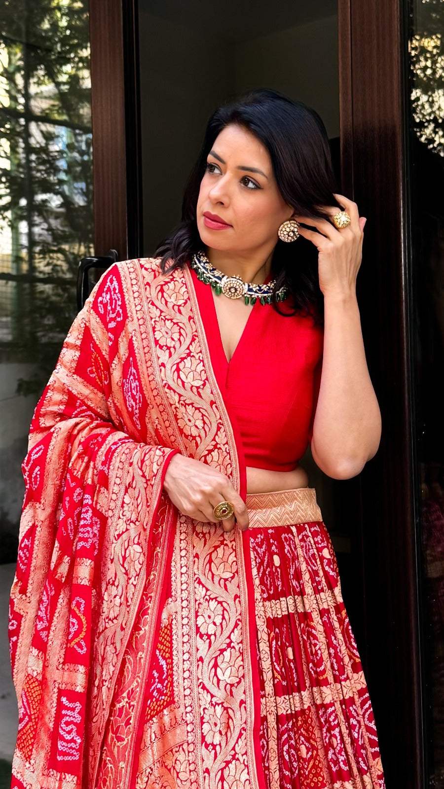Red Banarsi Georgette Gharchola Bandhani Lehenga with Dupatta