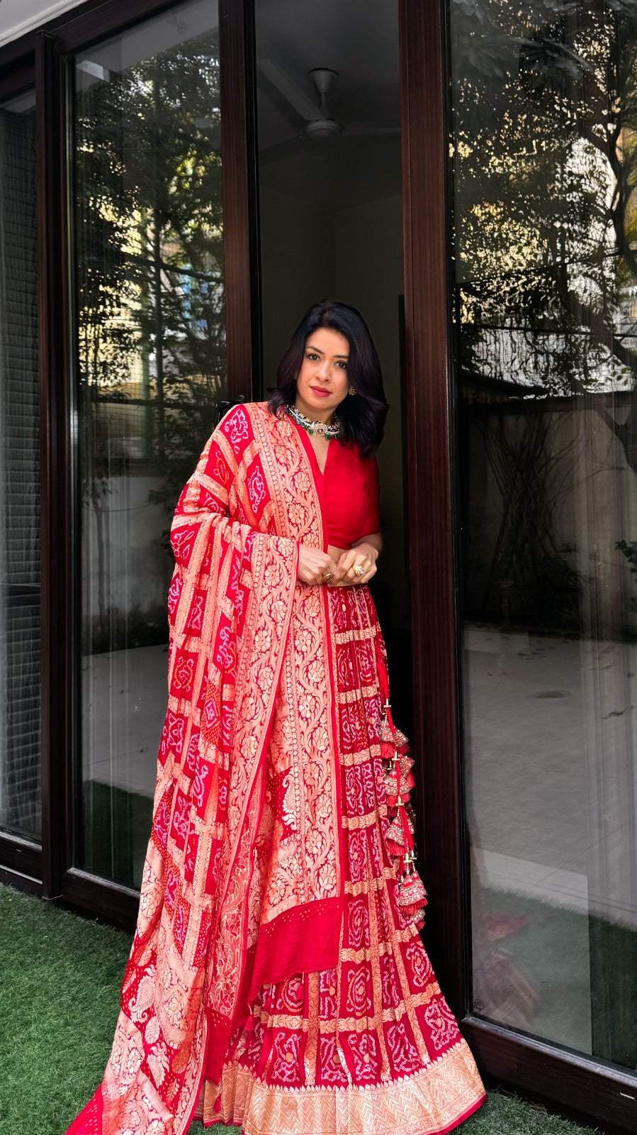 Red Banarsi Georgette Gharchola Bandhani Lehenga with Dupatta