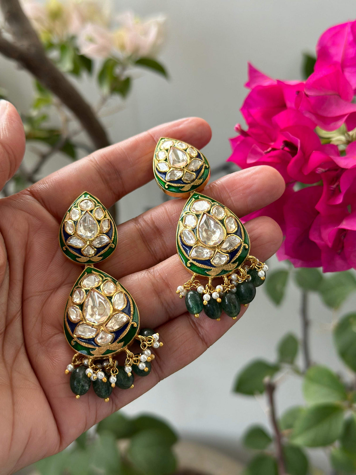 Whispers of Meenakari - Handcrafted Earrings with Moissanite Polki