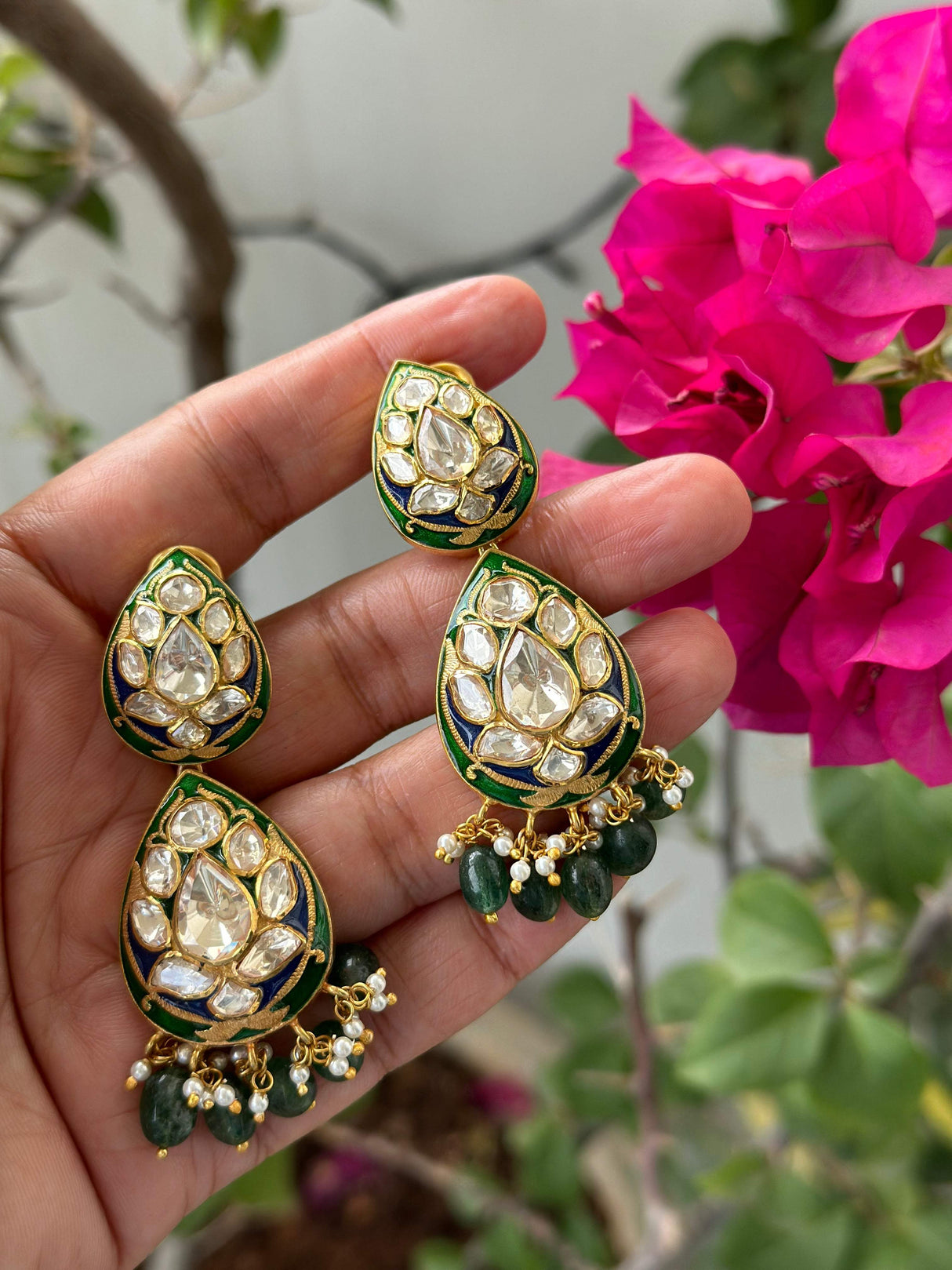 Whispers of Meenakari - Handcrafted Earrings with Moissanite Polki