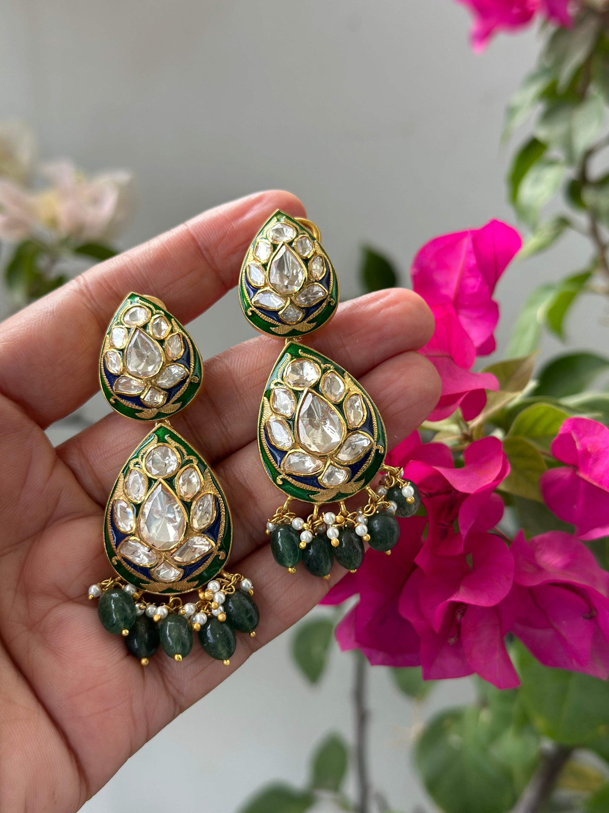 Whispers of Meenakari - Handcrafted Earrings with Moissanite Polki