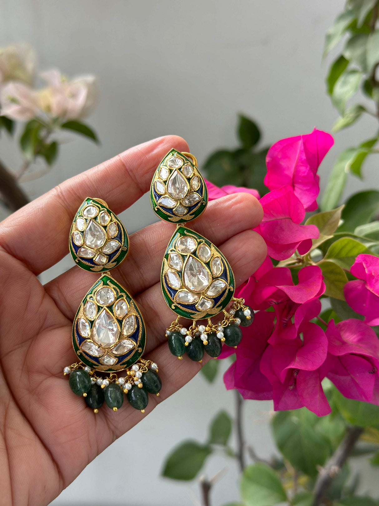 Whispers of Meenakari - Handcrafted Earrings with Moissanite Polki