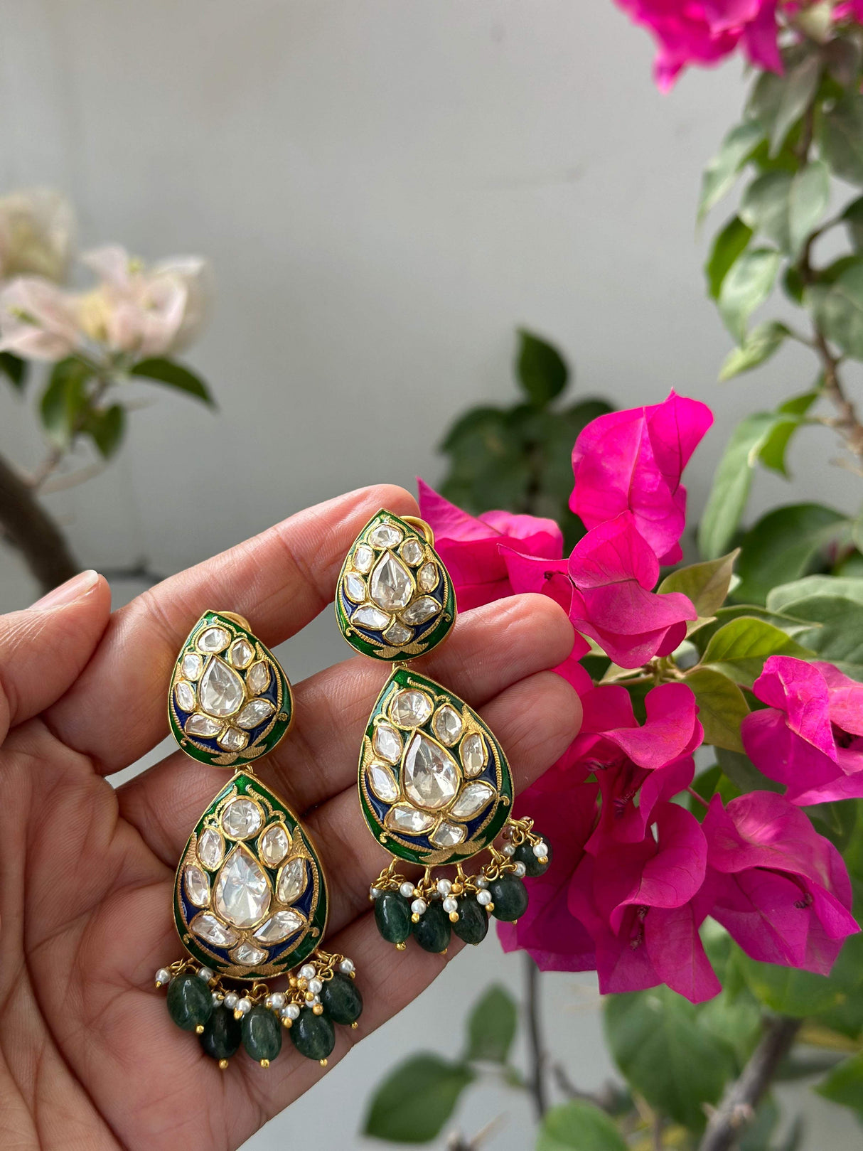 Whispers of Meenakari - Handcrafted Earrings with Moissanite Polki