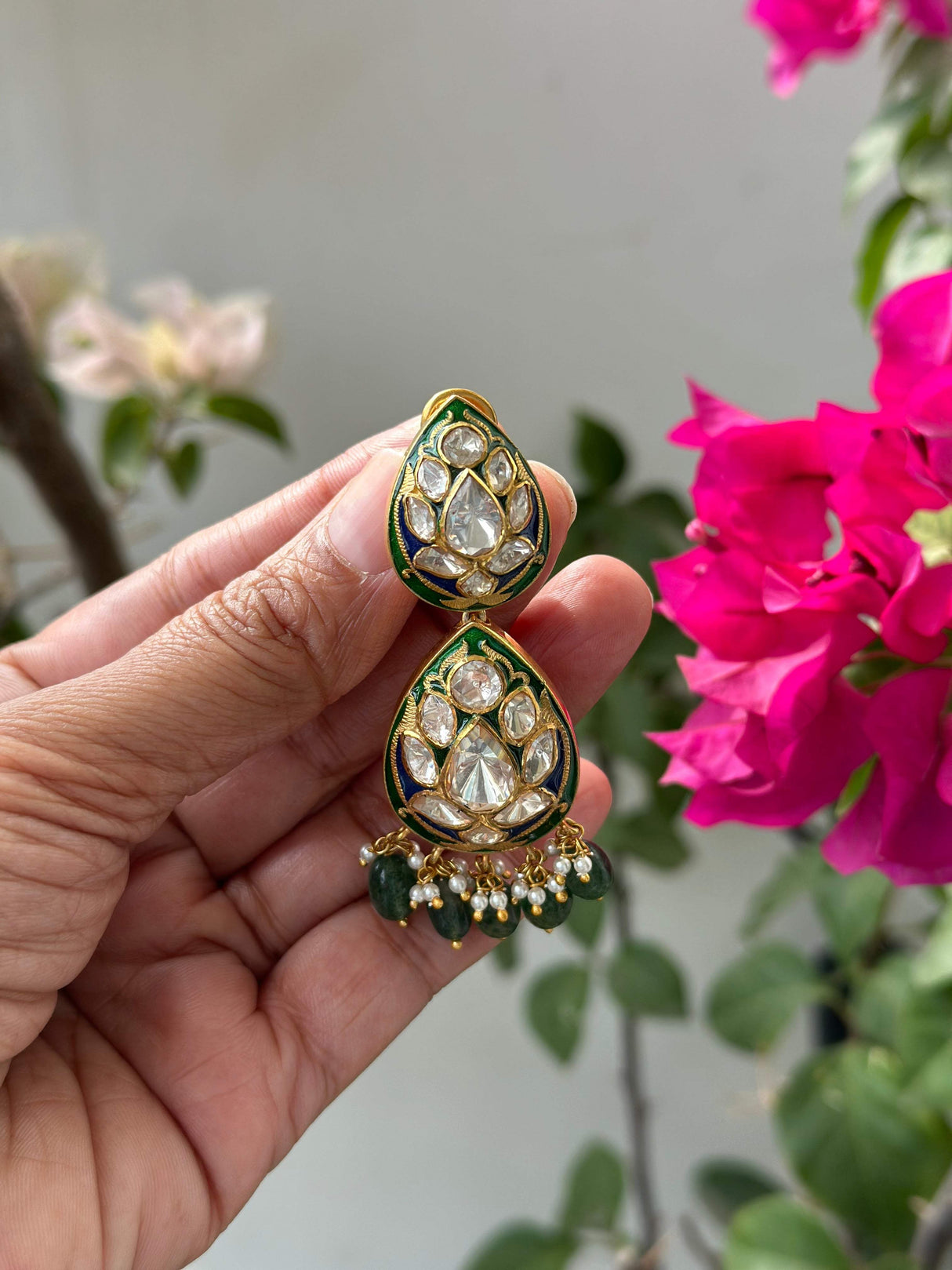 Whispers of Meenakari - Handcrafted Earrings with Moissanite Polki