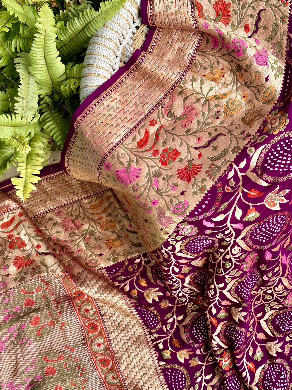 Alluring Wine Shade Handloom Pure Banarsi Georgette Bandhani Saree