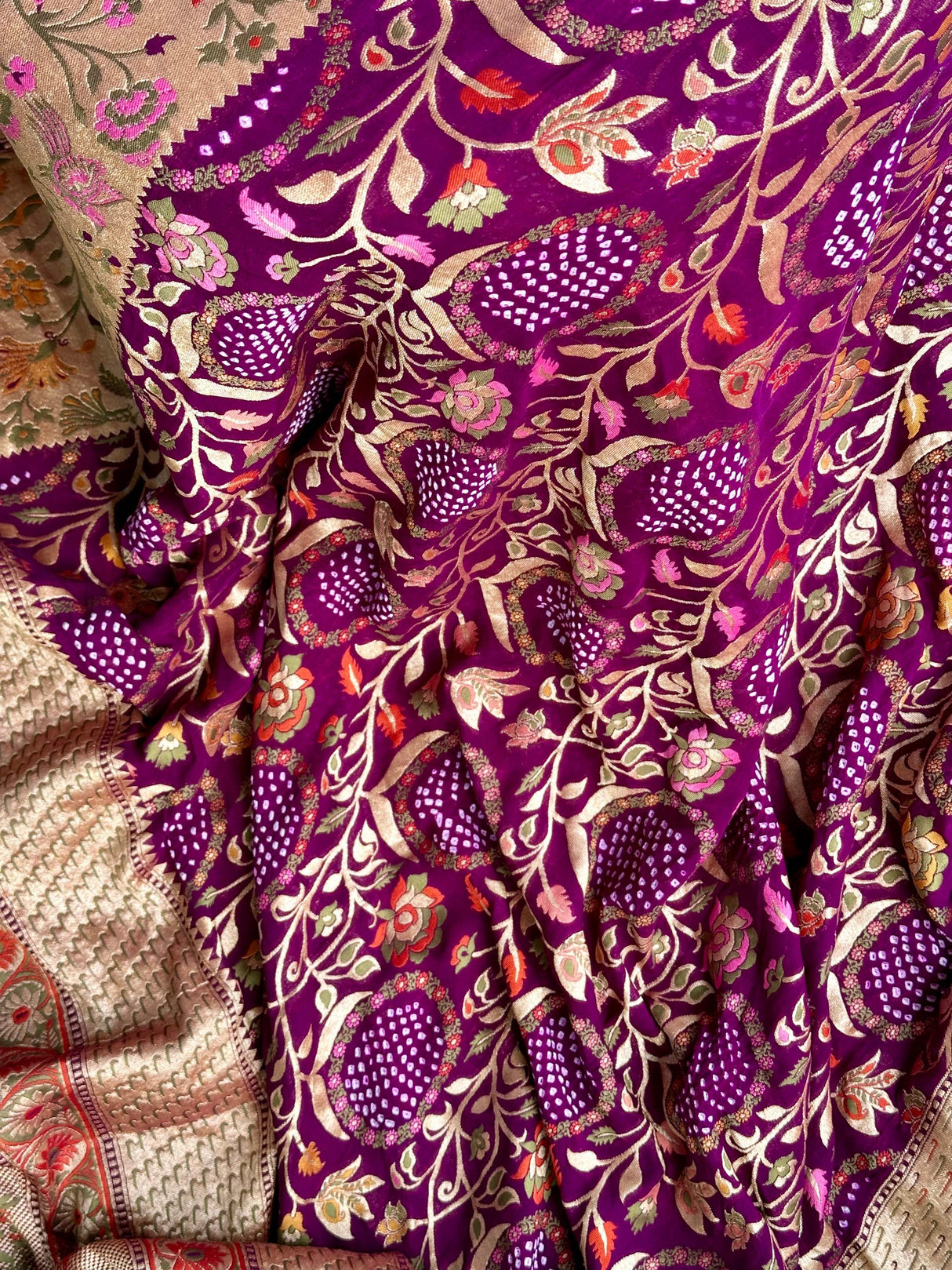 Alluring Wine Shade Handloom Pure Banarsi Georgette Bandhani Saree