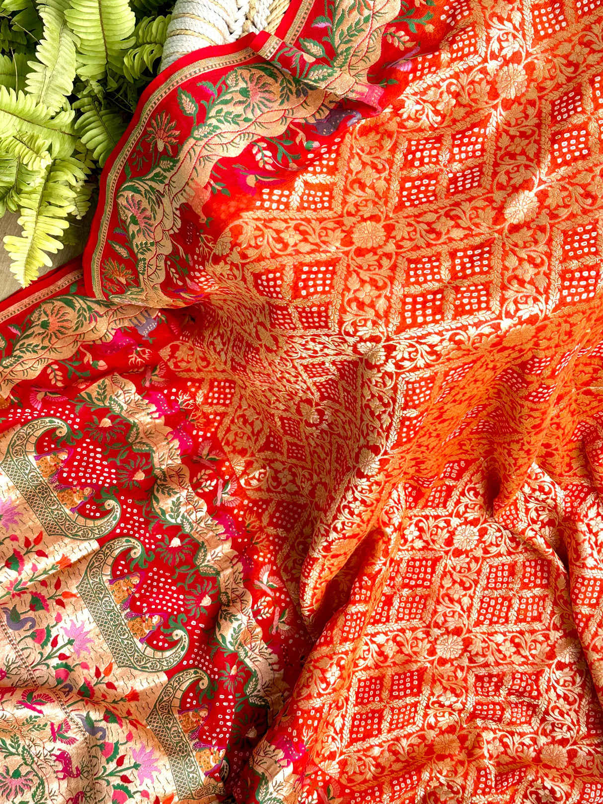 Vibrant Orange and Red Handloom Pure Banarsi Georgette Bandhani Saree