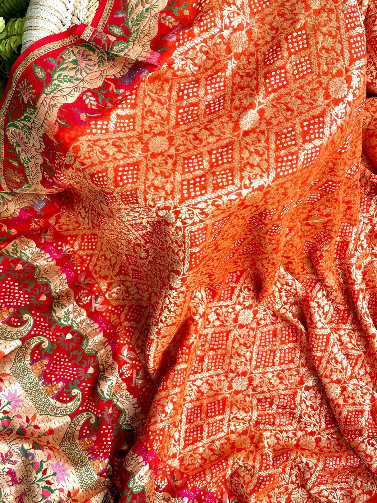 Vibrant Orange and Red Handloom Pure Banarsi Georgette Bandhani Saree