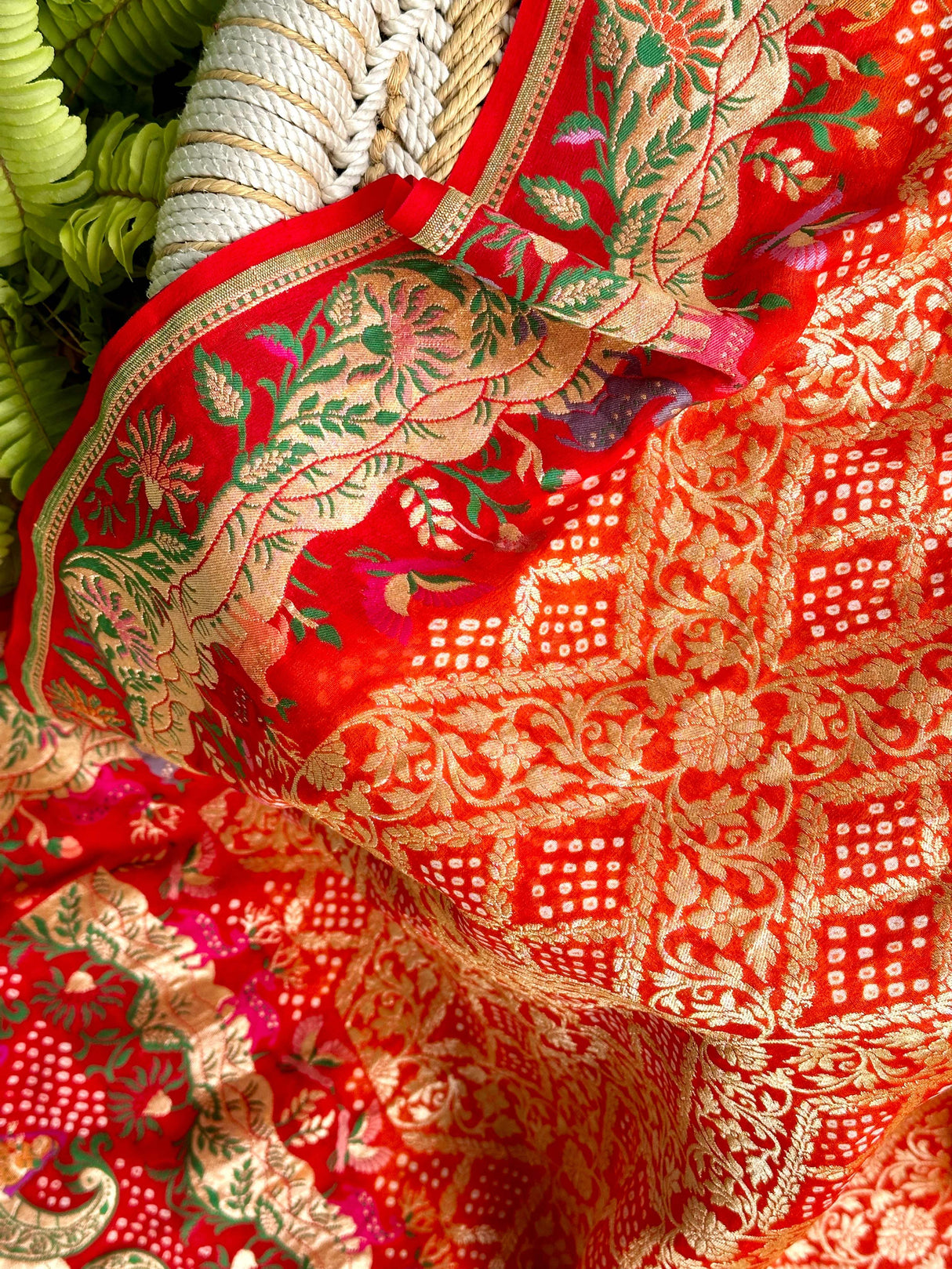 Vibrant Orange and Red Handloom Pure Banarsi Georgette Bandhani Saree