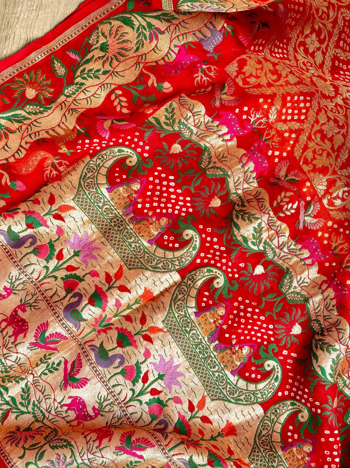 Vibrant Orange and Red Handloom Pure Banarsi Georgette Bandhani Saree