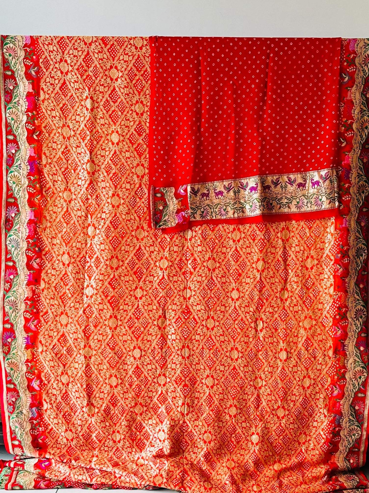 Vibrant Orange and Red Handloom Pure Banarsi Georgette Bandhani Saree