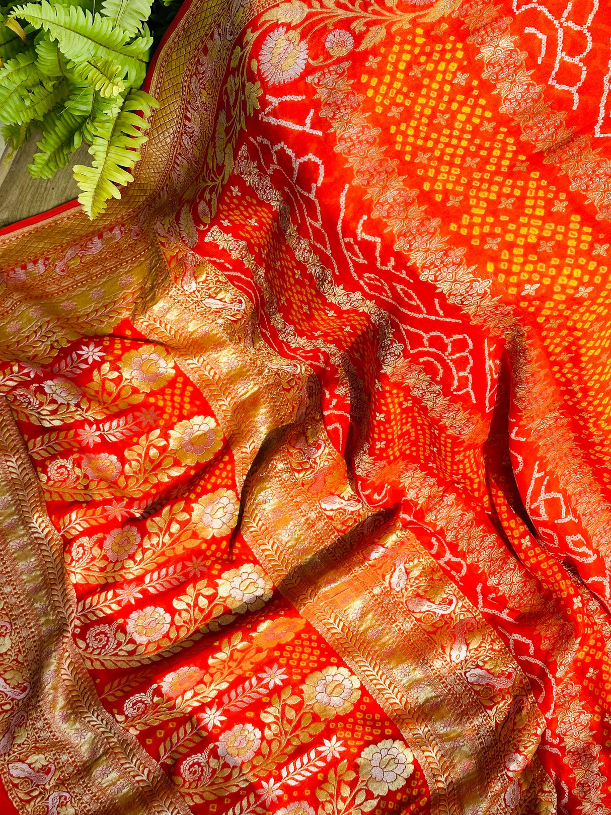 Radiant Orange Handloom Pure Banarsi Georgette Rai Bandhani Saree