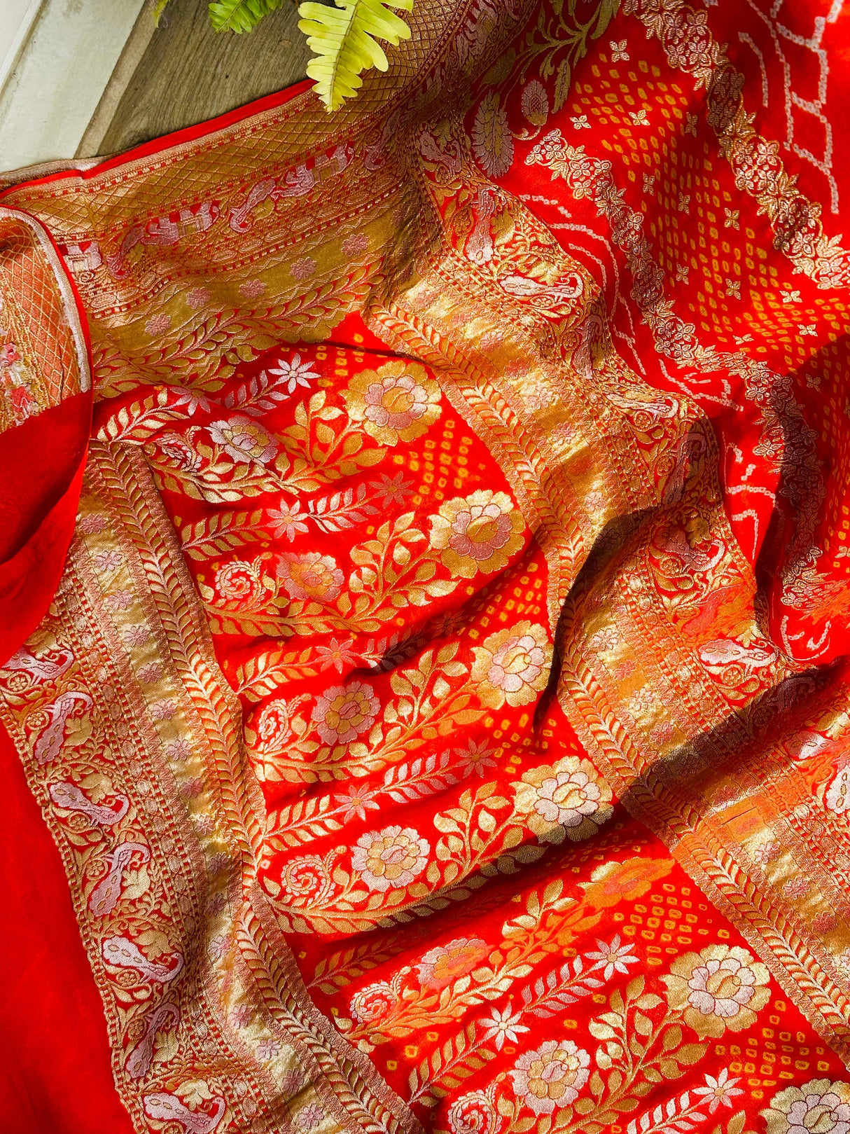 Radiant Orange Handloom Pure Banarsi Georgette Rai Bandhani Saree