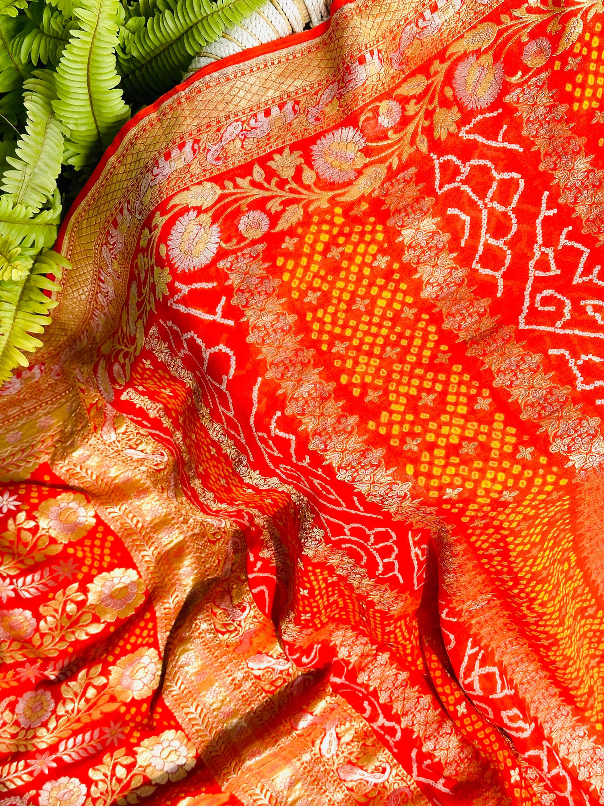 Radiant Orange Handloom Pure Banarsi Georgette Rai Bandhani Saree