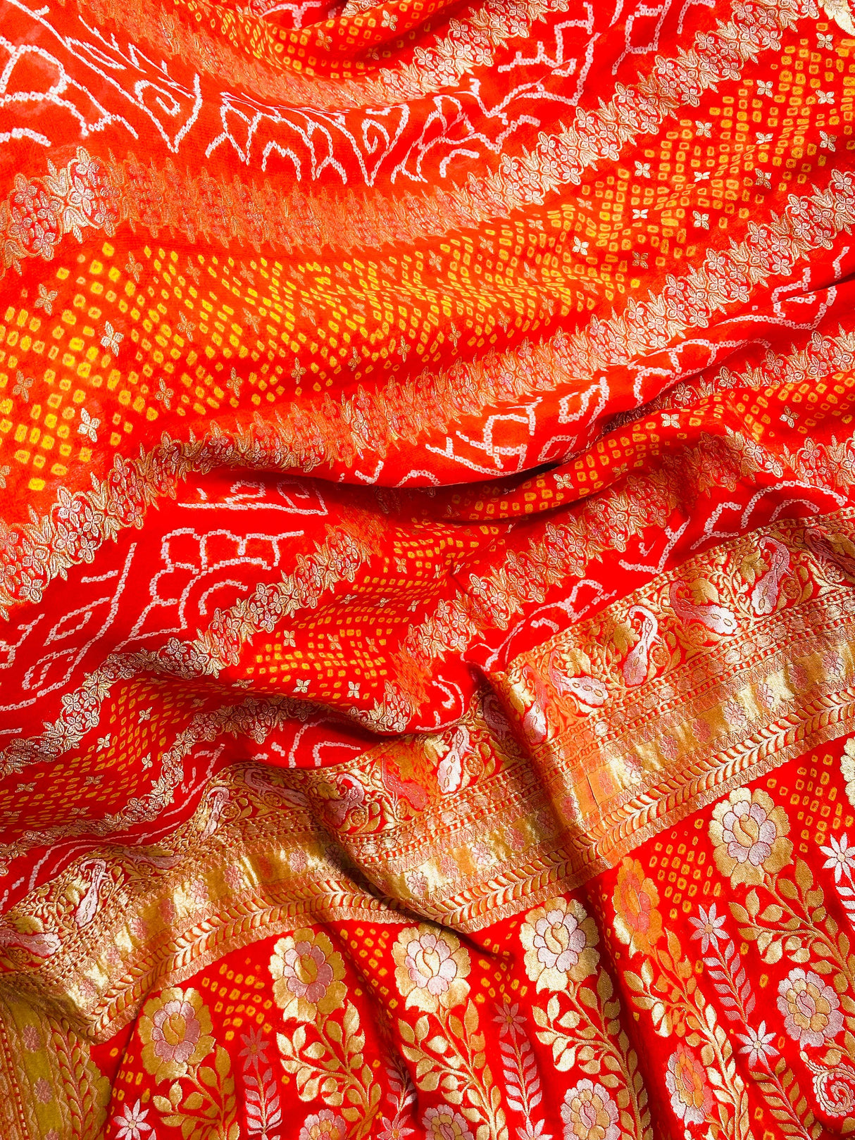 Radiant Orange Handloom Pure Banarsi Georgette Rai Bandhani Saree