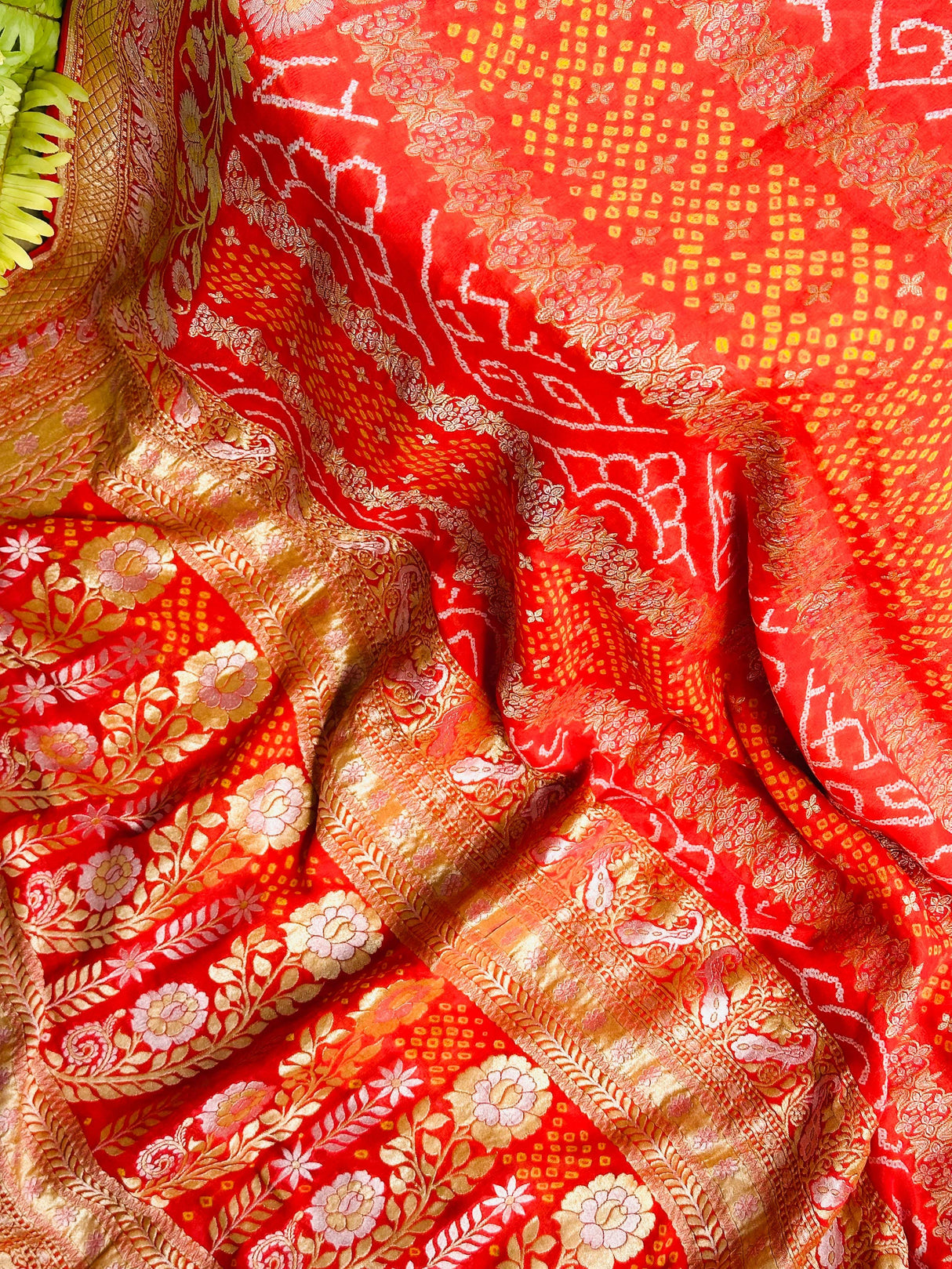Radiant Orange Handloom Pure Banarsi Georgette Rai Bandhani Saree