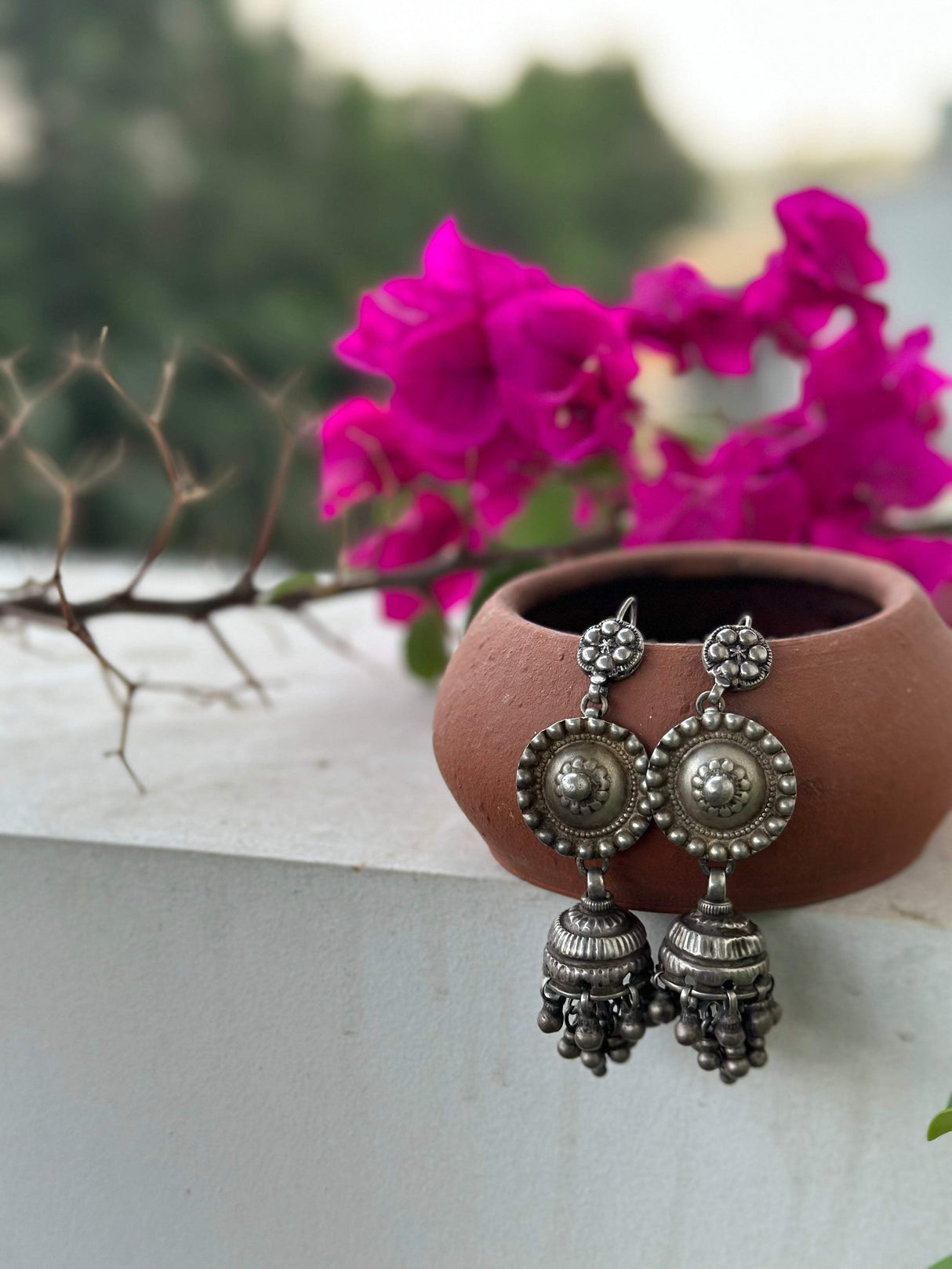 Handcrafted Antique Style Silver Jhumkis