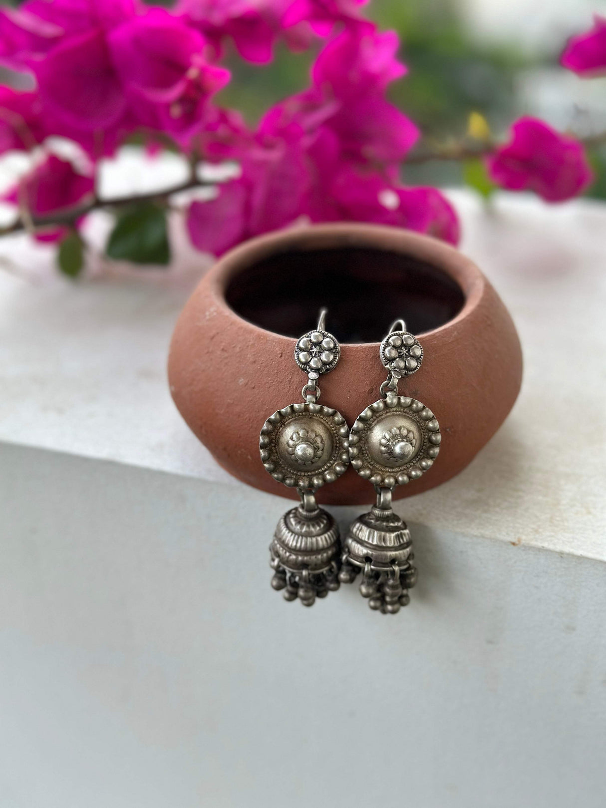 Handcrafted Antique Style Silver Jhumkis