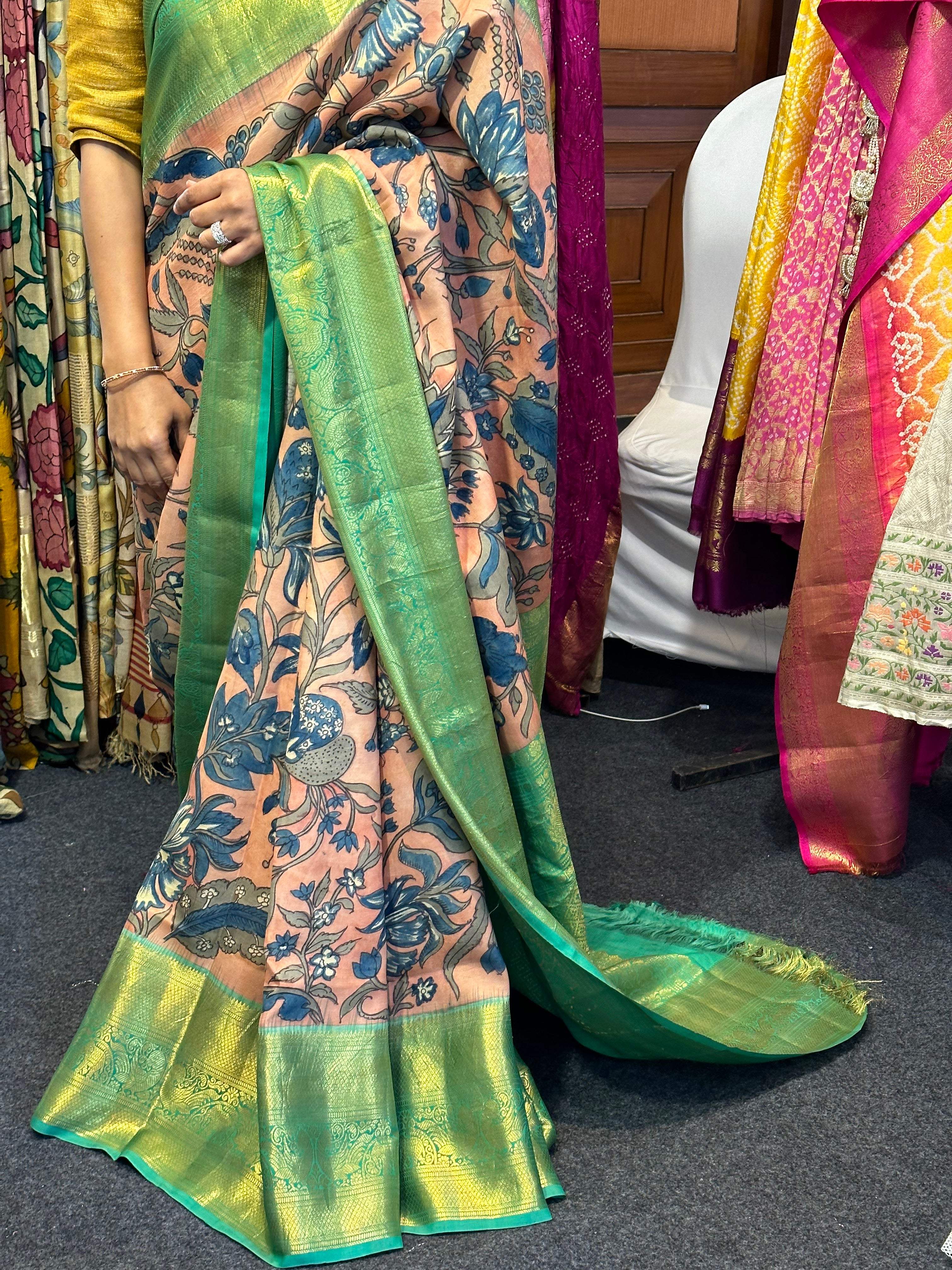 Peach and Turquoise Floral Theme Pure Silk Kanchipattu Kalamkari Saree
