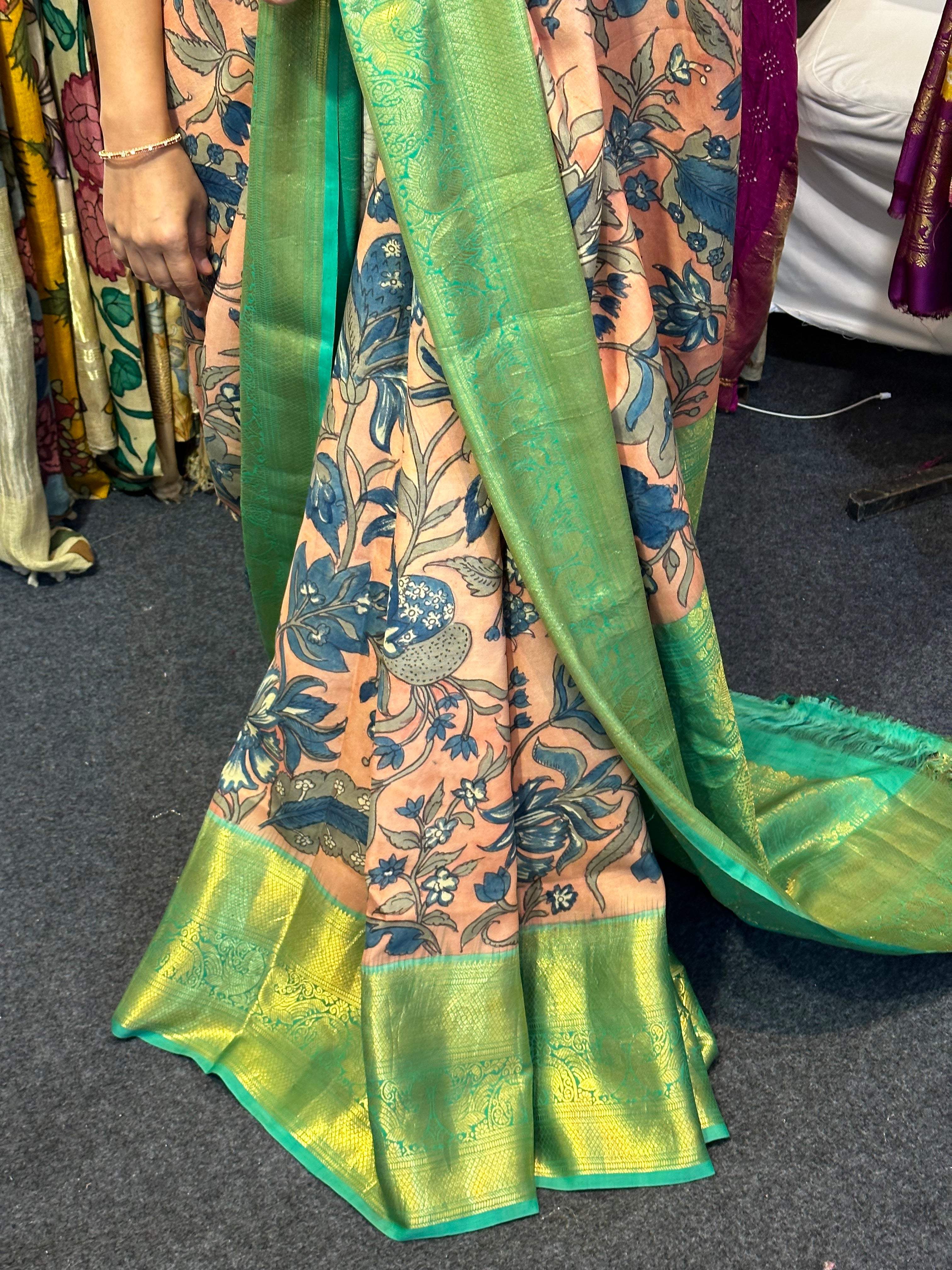 Peach and Turquoise Floral Theme Pure Silk Kanchipattu Kalamkari Saree