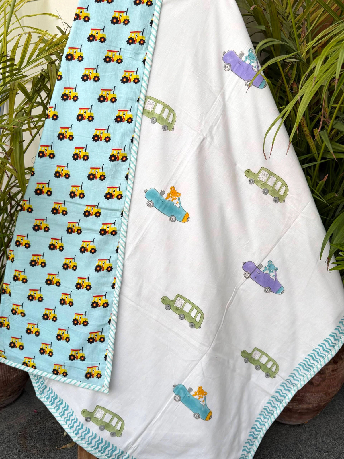 Little Cars Handblock Printed Reversible Kids Cotton Blanket