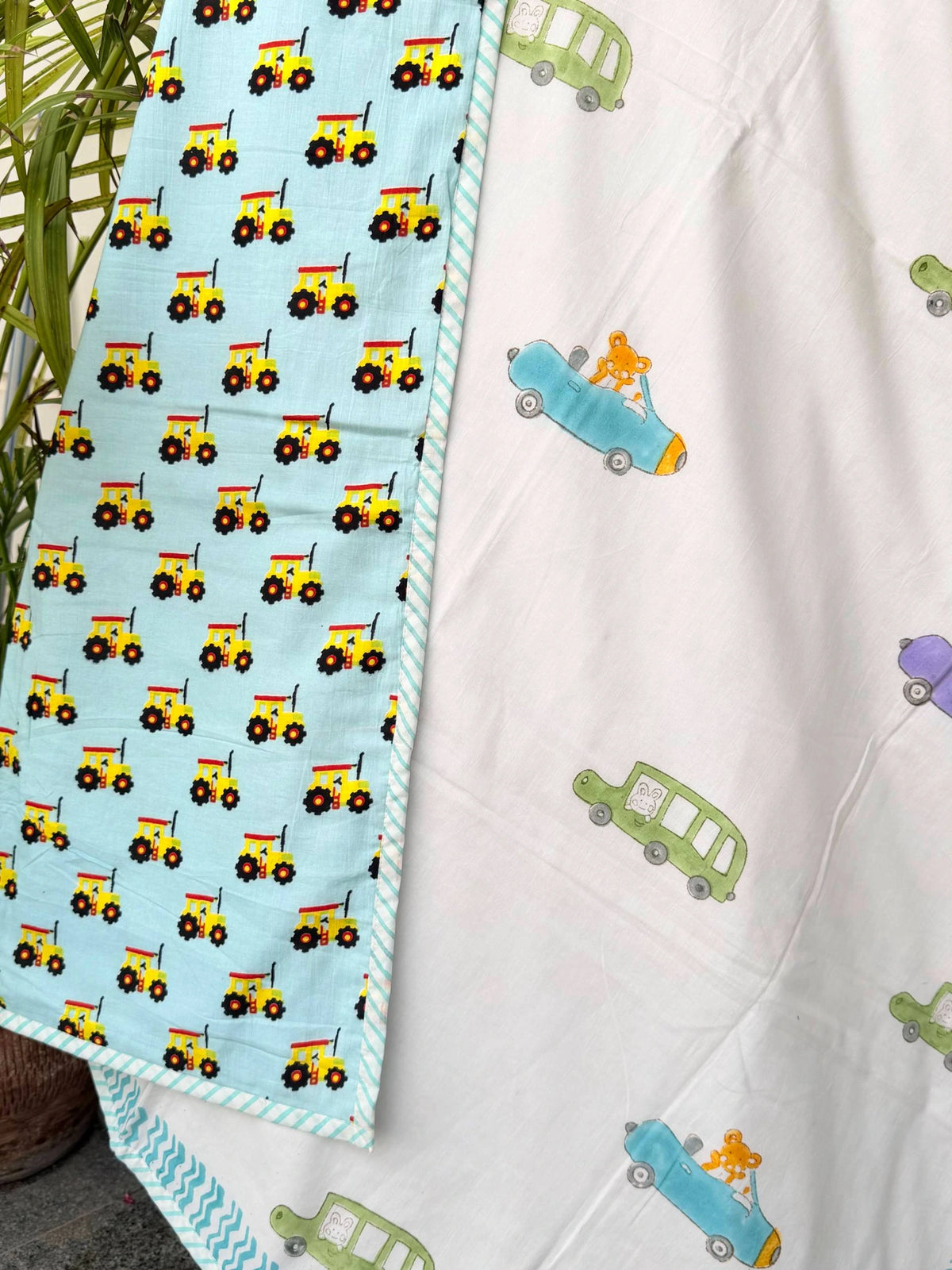 Little Cars Handblock Printed Reversible Kids Cotton Blanket