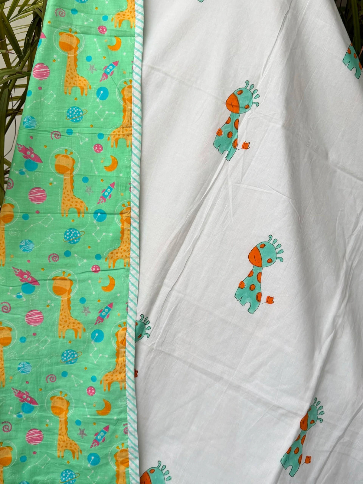 White Giraffe Handblock Printed Reversible Kids Cotton Blanket