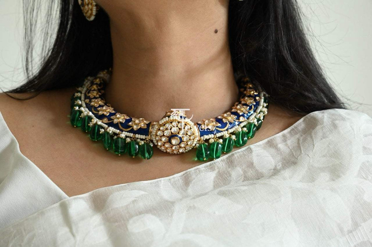 Meen Rangini - Handcrafted 92.5 Silver Meenakari Hasli with Earrings