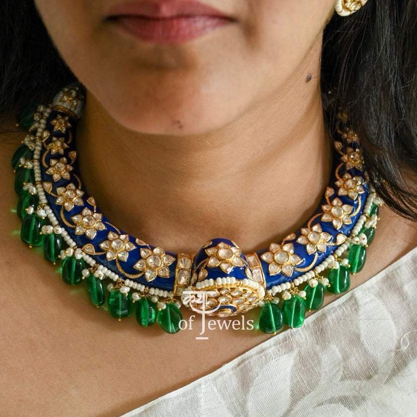 Meen Rangini - Handcrafted 92.5 Silver Meenakari Hasli with Earrings