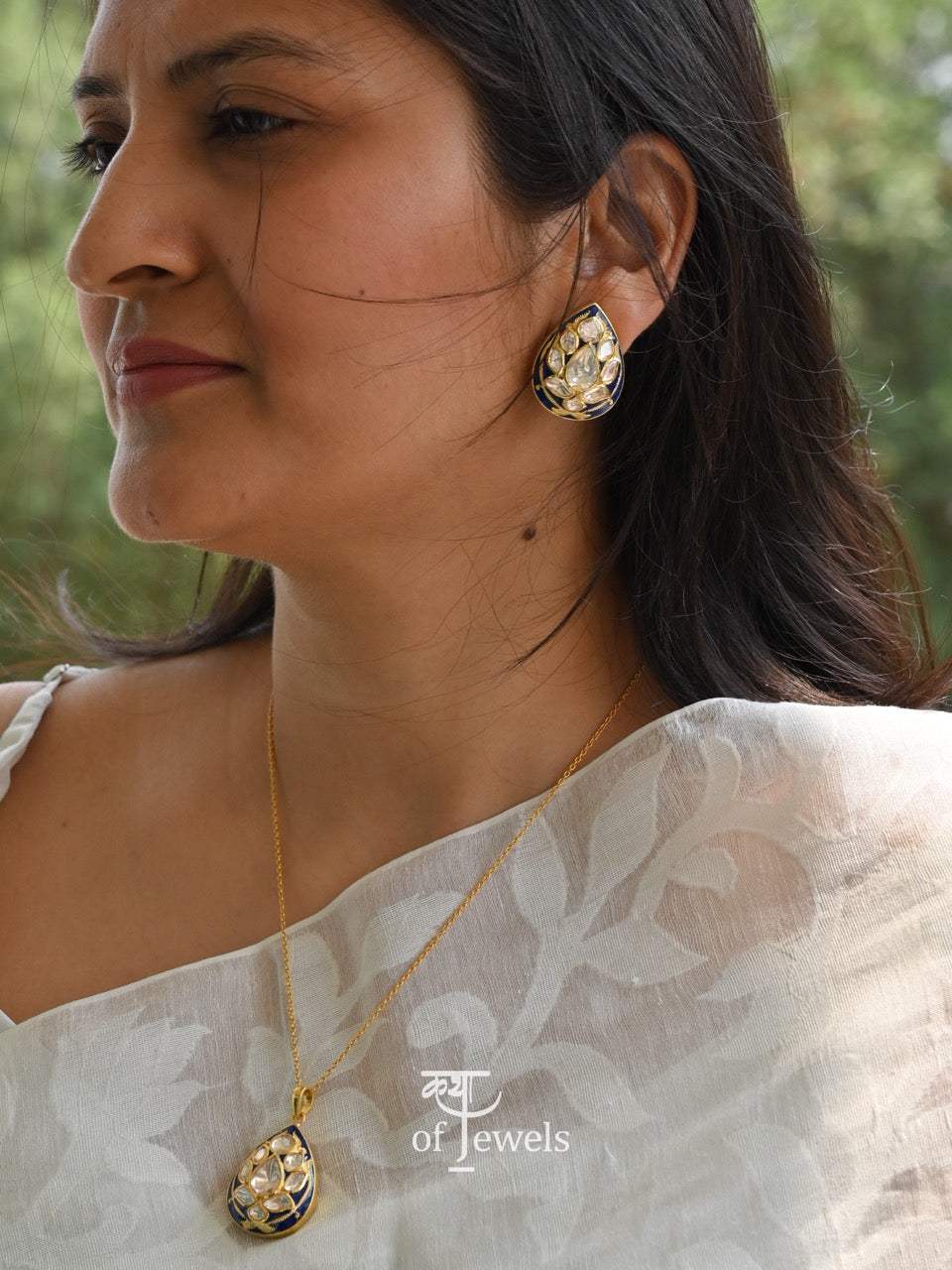 Handcrafted Blue Meenakari Pendant and Earrings Set with Moissanite Polki