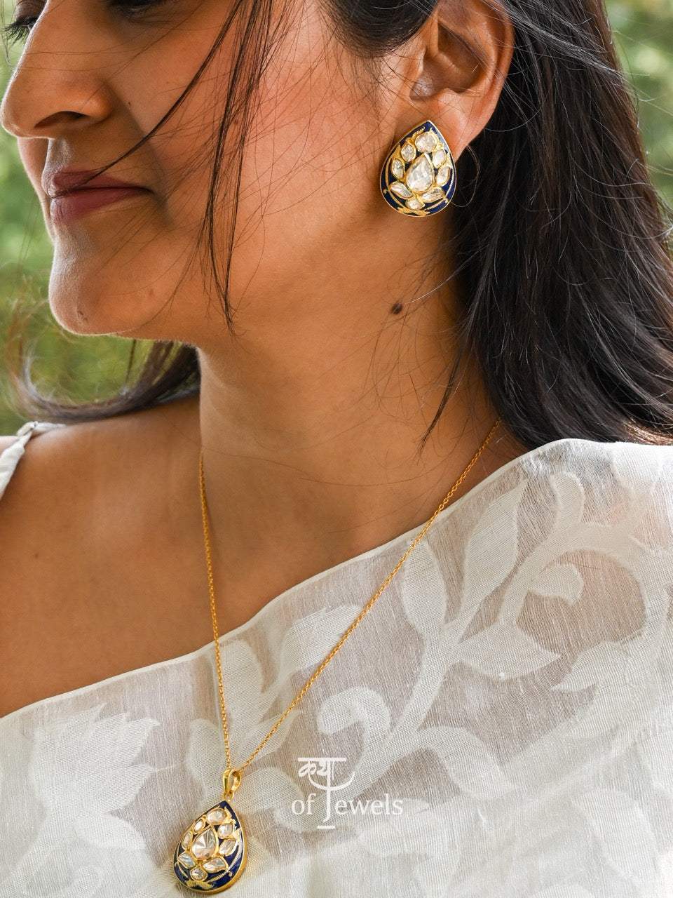 Handcrafted Blue Meenakari Pendant and Earrings Set with Moissanite Polki