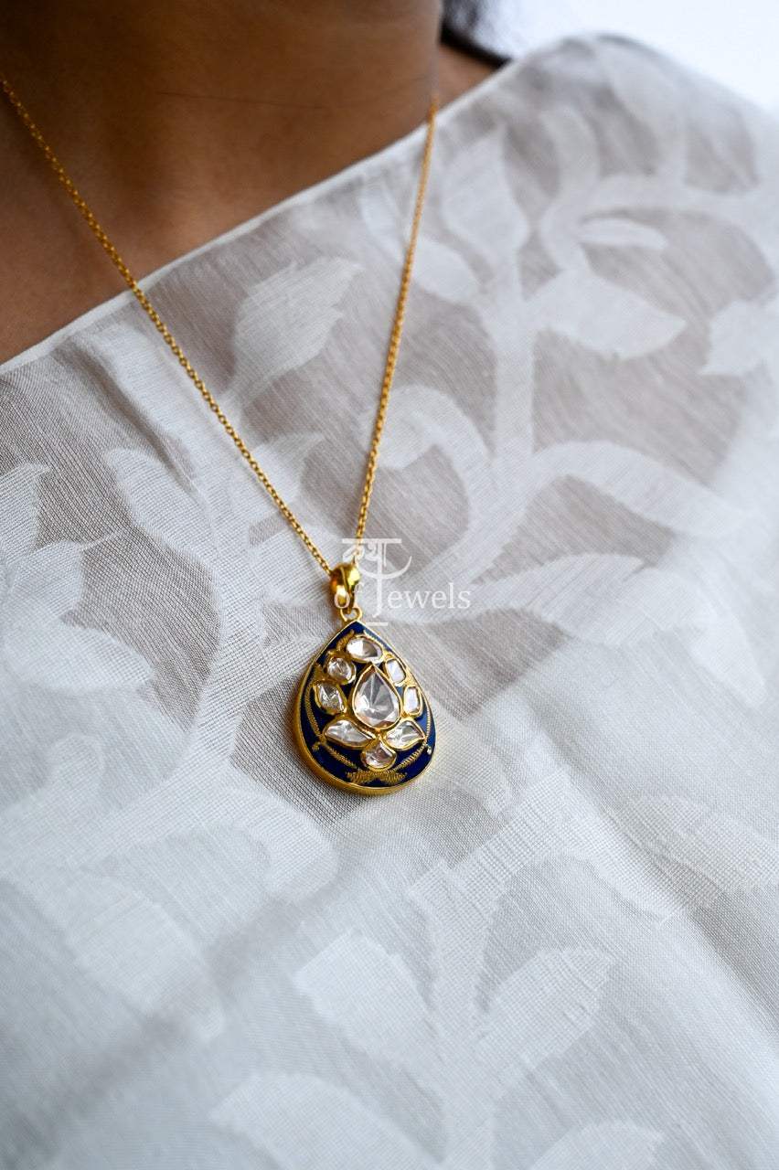 Handcrafted Blue Meenakari Pendant and Earrings Set with Moissanite Polki