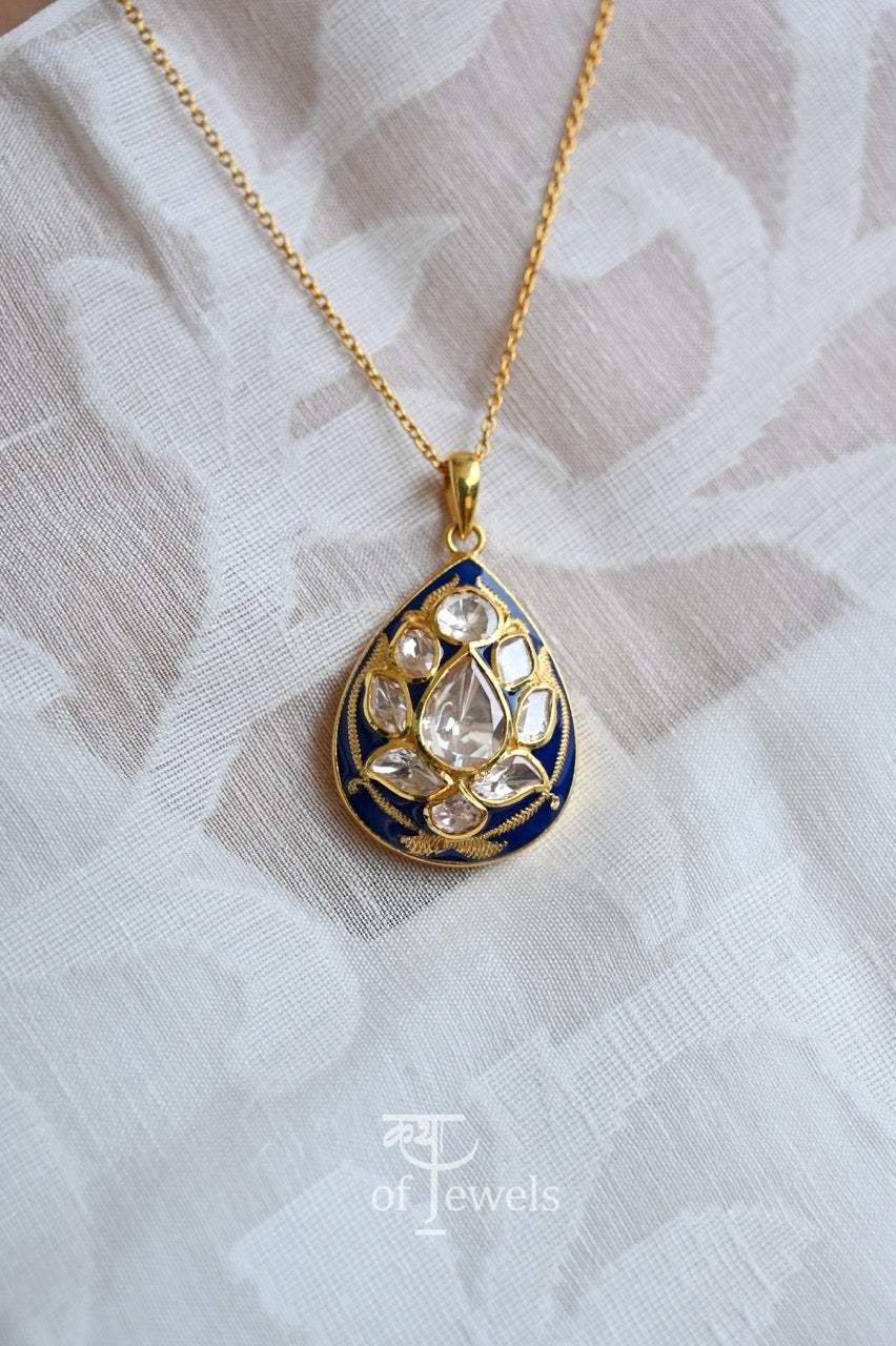 Handcrafted Blue Meenakari Pendant and Earrings Set with Moissanite Polki