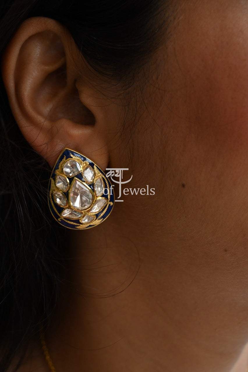 Handcrafted Blue Meenakari Pendant and Earrings Set with Moissanite Polki