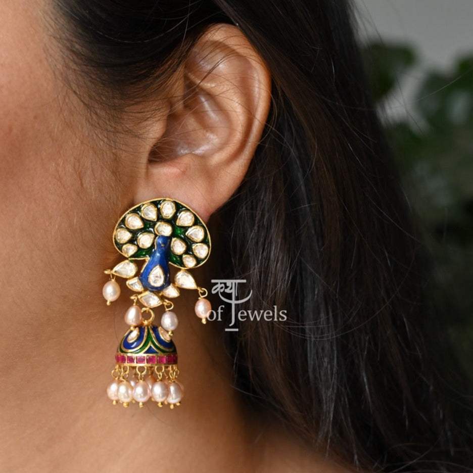 Peacock Theme Green & Blue Handcrafted 92.5 Silver Meenakari Jumkas