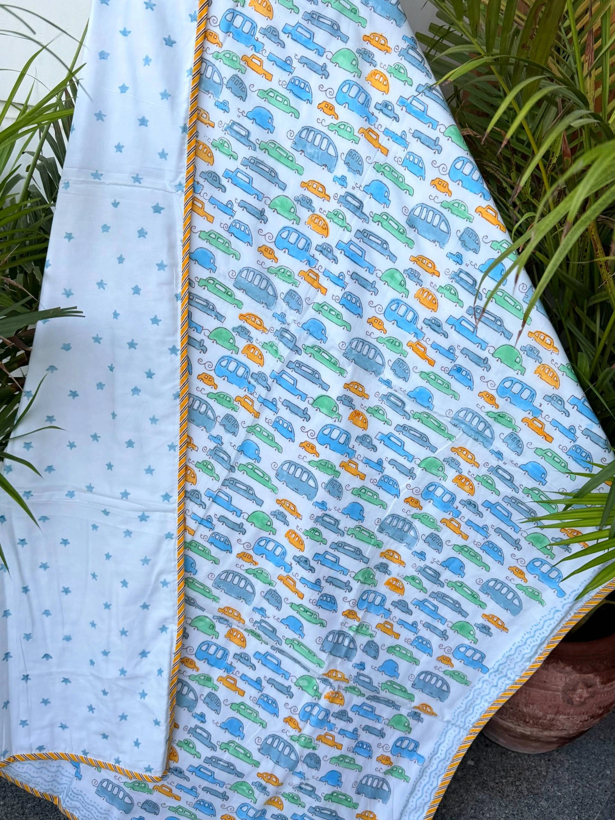 Blue & Multicolour Car Print Reversible Kids Cotton Blanket