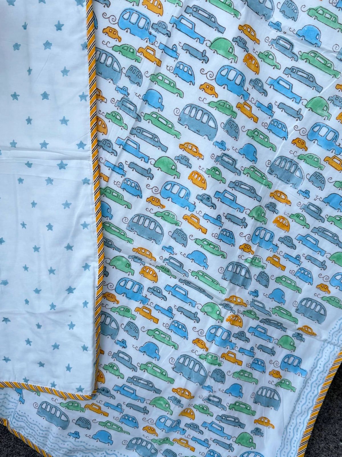 Blue & Multicolour Car Print Reversible Kids Cotton Blanket